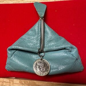 Vintage MCM 1960 teal Leather Coin Purse Made In Argentina Triangular Shape